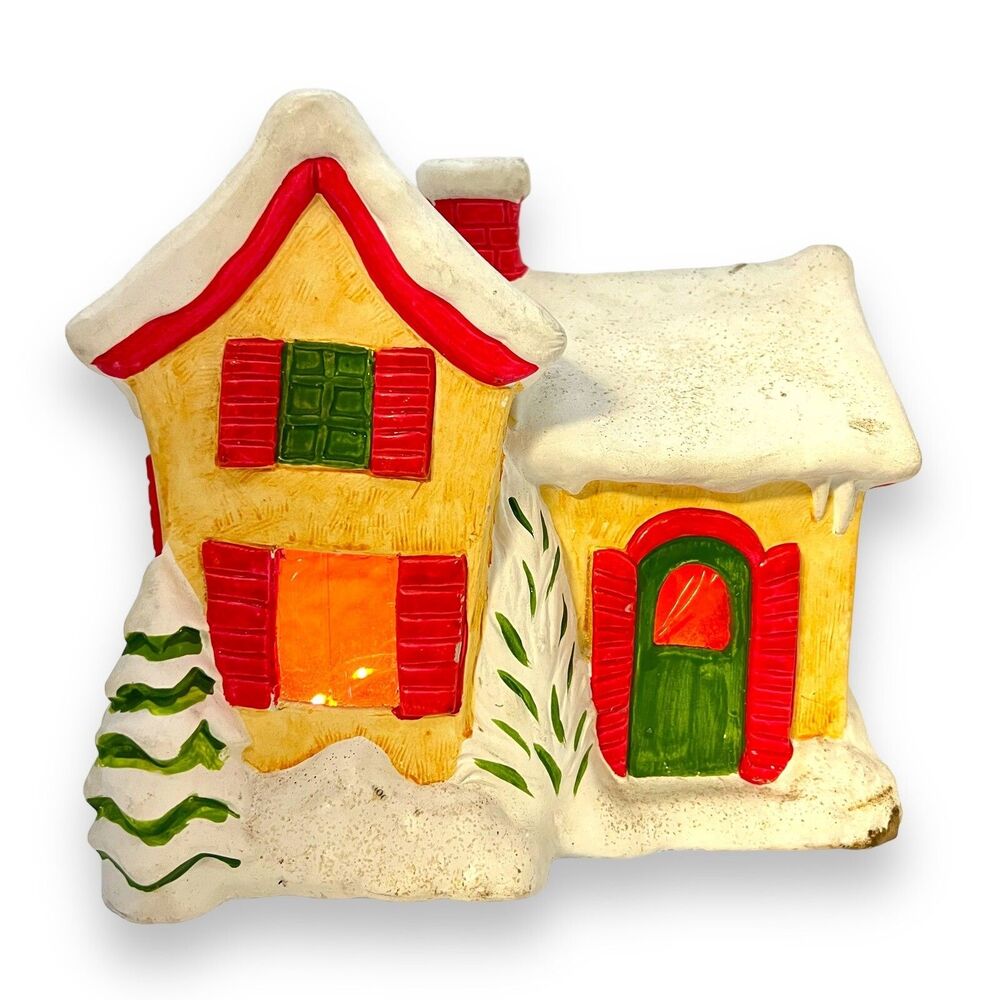 Vintage RB Japan Christmas Village Lighted Yellow Cottage House Paper Mache Putz